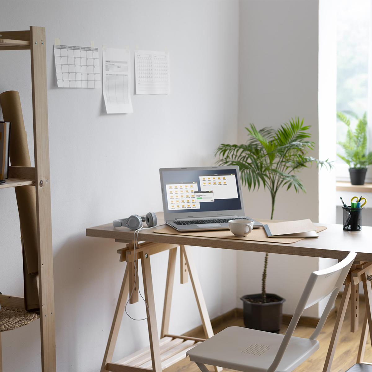Aufgeräumter Homeoffice-Arbeitsplatz mit Laptop, Pflanzen und natürlichem Tageslicht